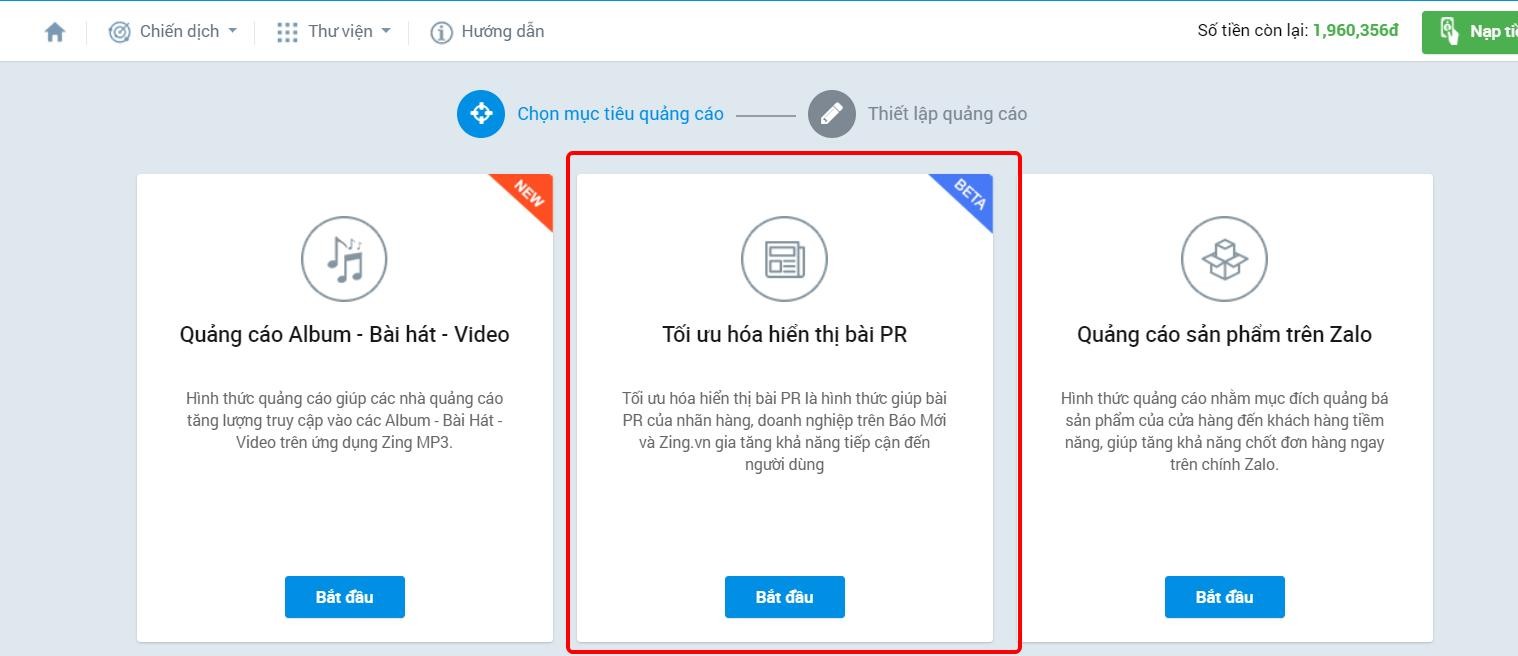 Thiết lập chiến dịch quảng cáo tối ưu hóa hiển thị bài PR