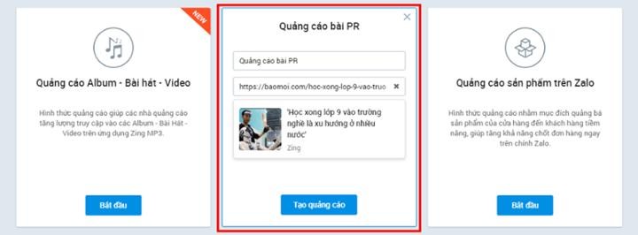 Một ví dụ về quảng cáo trên Báo Mới khi tạo quảng cáo tối ưu hóa hiển thị bài PR