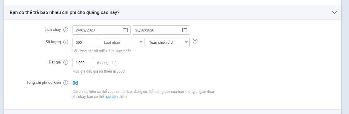 Chi phí khi tối ưu quảng cáo Zalo