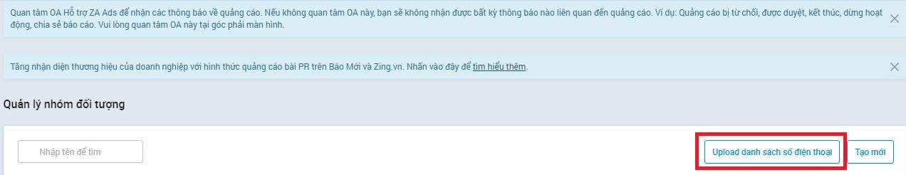 Upload danh sách số điện thoại trước khi bắt đầu chạy quảng cáo Zalo