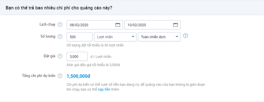 Cài đặt các thông số phù hợp để chạy quảng cáo