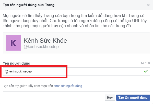Lưu ý trong cách lập Fanpage Facebook, chọn tên người dùng dễ nhớ và càng giống tên trang càng nhiều càng tốt.